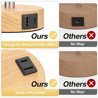 Bedside Table Lamp for Bedroom - 3 Way Dimmable Touch Lamp USB C Charging Ports and AC Outlet, Small Lamp Wood Base round Flaxen Fabric Shade for Living Room, Desk, LED Bulb Included