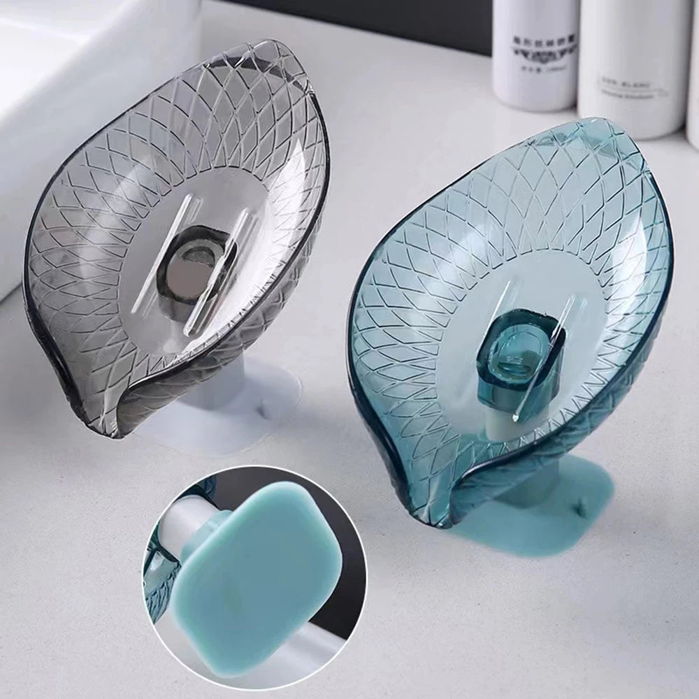 Leaf Design Drain Soap Box with Suction Cup Decorative Plastic Self Draining Bathroom Soap Tray Bathroom Organizers Storage