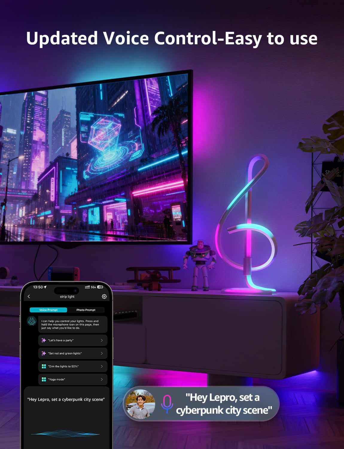 TB2 AI Smart Table Lamp, RGB+IC Addressable LED Lamps Alexa Google Home Enable, APP Control DIY Color Changing Modern Spiral Lamp, Music Sync, AI Generated Lighting LLM, 2.4 Ghz Wifi/Bluetooth