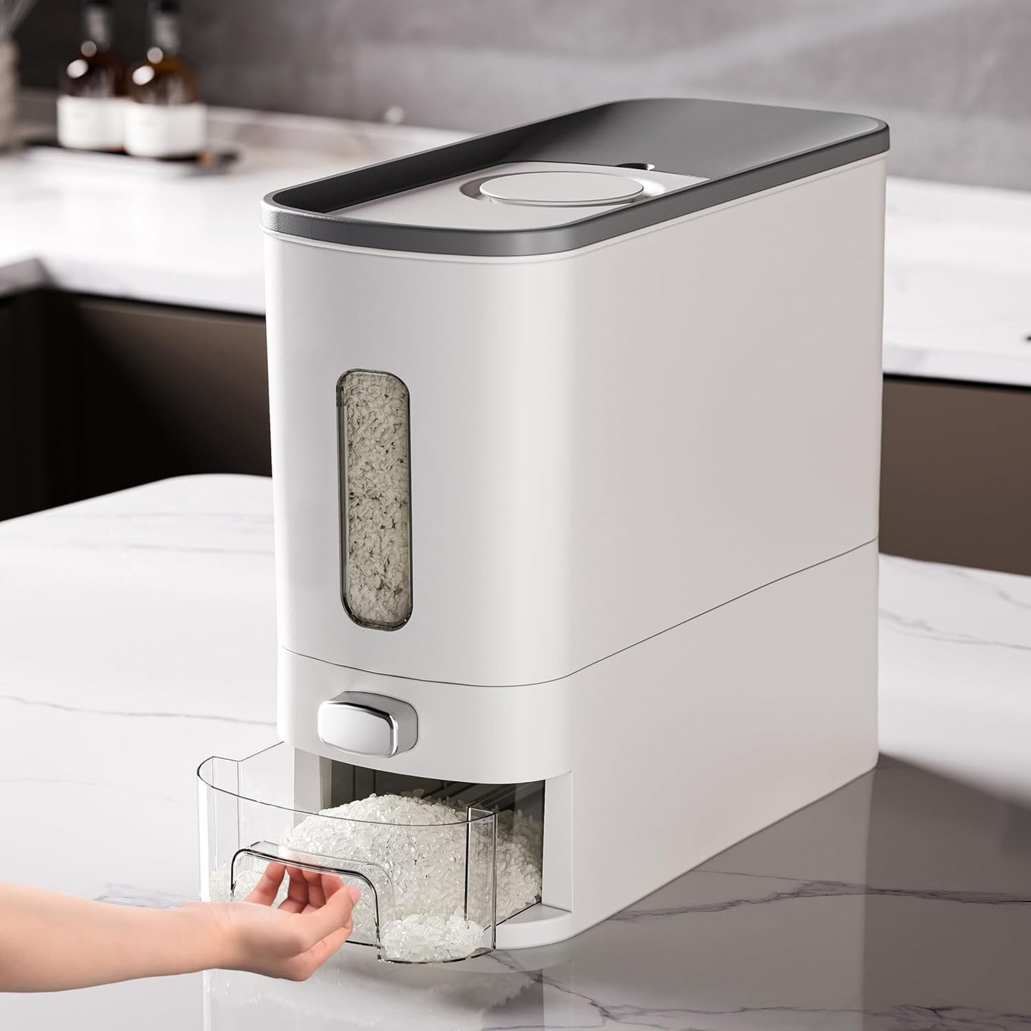 Rice Dispenser 12 Lbs,Large Cereal Dry Food Storage Containers Rice Storage Container Sealed Moisture Proof with Measuring Cup for Kitchen Pantry Household, White and Grey