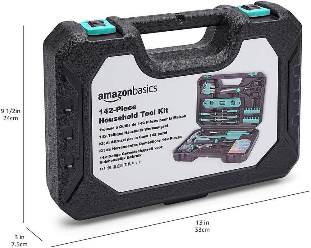 142-Piece Household Tool Kit for Home Repair, Hand Tools with Storage Case, 13.39 X 9.25 X 2.95 Inch, Turquoise
