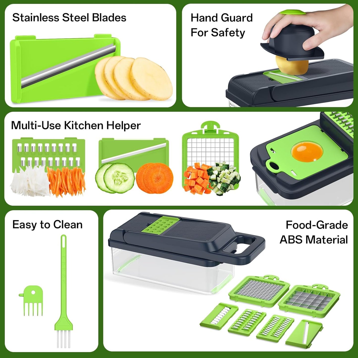 Vegetable Chopper Vegetable Cutter, 12 in 1 Kitchen Gadget, Dicer, Slicer, Onion Cutter, Salad, Cheese Grater & Egg Separator - Multi-Functional Veggie Chopper Lid with Handle (Green)