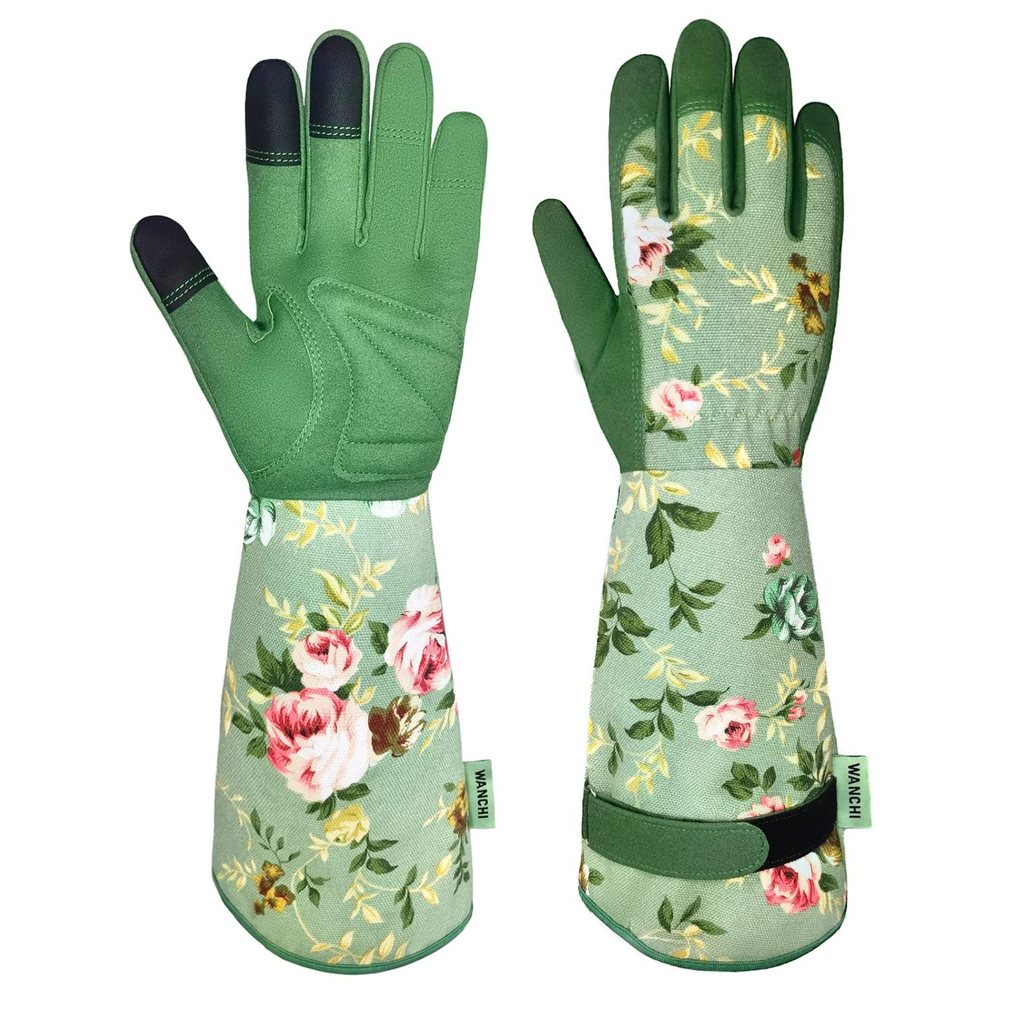 Gardening Gloves for Women, Comfortable Floral Long Sleeve Garden Gloves for Gardening and Outdoor Work, Durable Leather Long Gardening Gloves, Great Gift Ideas for Ladies, Green Print (Large)