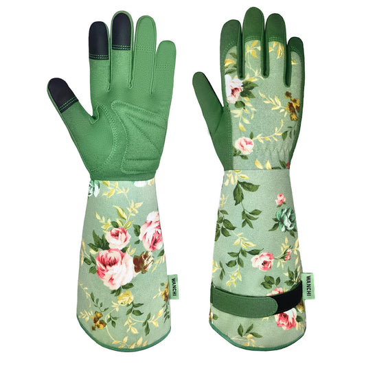 Gardening Gloves for Women, Comfortable Floral Long Sleeve Garden Gloves for Gardening and Outdoor Work, Durable Leather Long Gardening Gloves, Great Gift Ideas for Ladies, Green Print (Large)