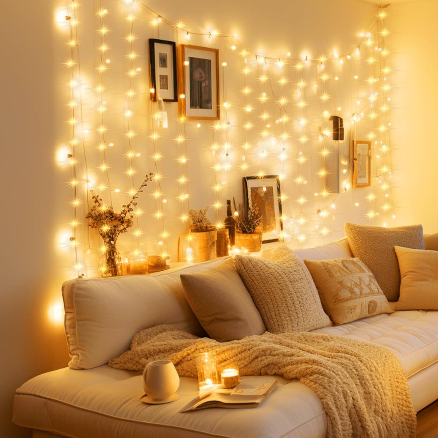 Curtain Lights, 300 LED Dimmable Fairy Lights Twinkle Lights with Remote and Timer, 8 Modes, USB Powered String Lights for Room Wall Party Xmas Indoor Decor, Warm White