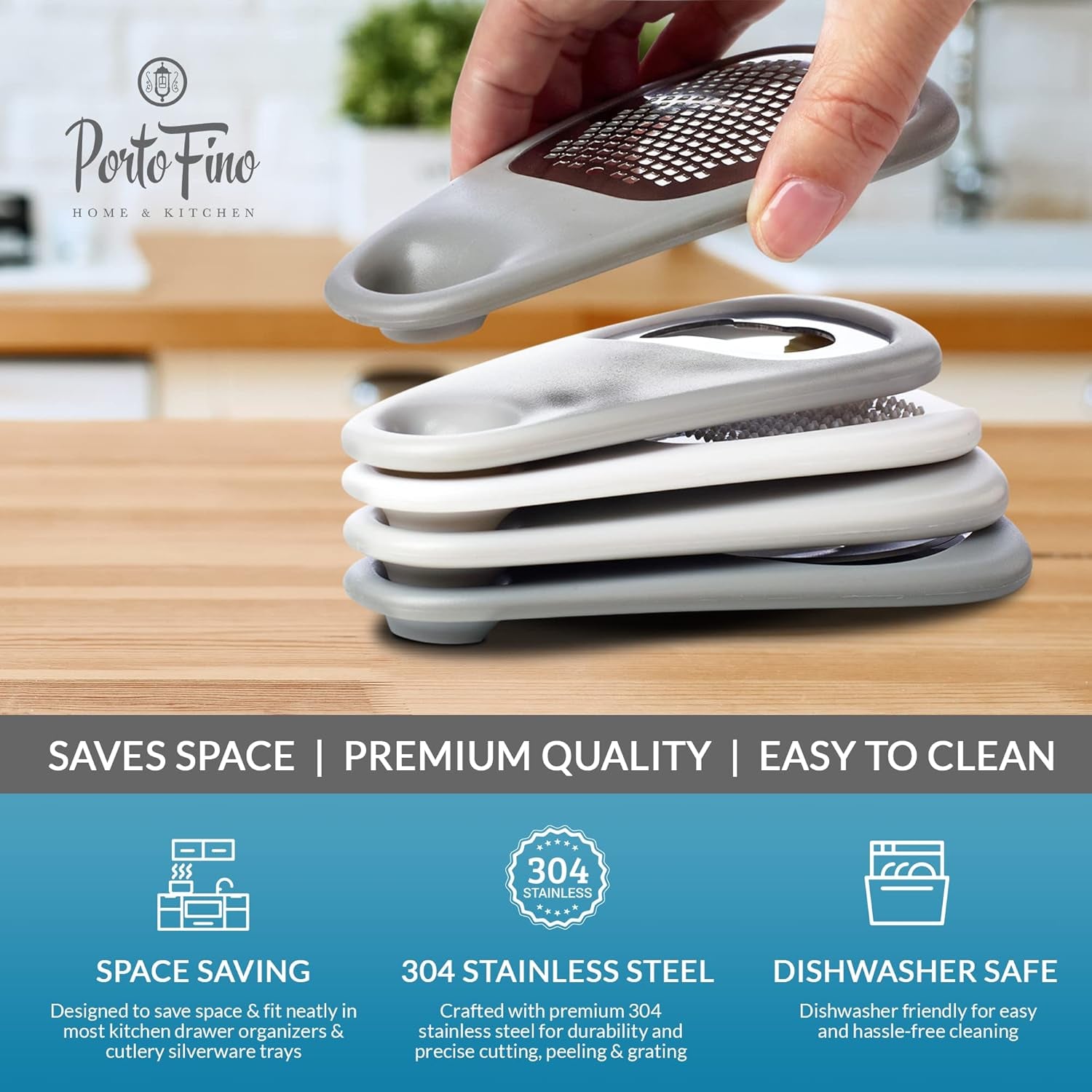 Portofino Kitchen Gadgets Set 5 Pieces, Includes Pizza Cutter, Cheese Grater, Vegetable Peeler, Bottle Opener, Garlic Grinder, RV Kitchen Accessories, Space Saving Design, Dishwasher Safe