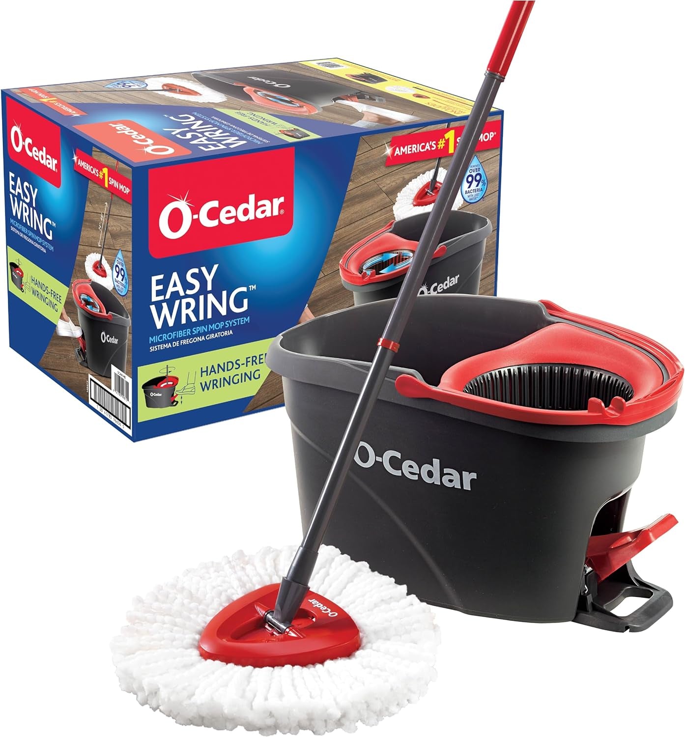 O-Cedar Easywring Microfiber Spin Mop, Bucket Floor Cleaning System, Red, Gray, Standard