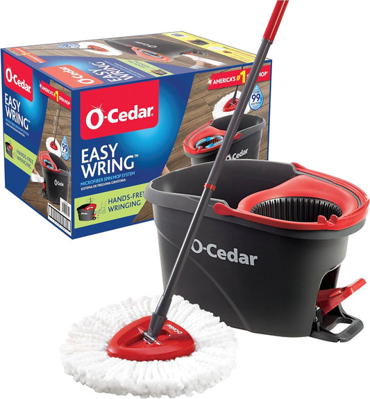 O-Cedar Easywring Microfiber Spin Mop, Bucket Floor Cleaning System, Red, Gray, Standard