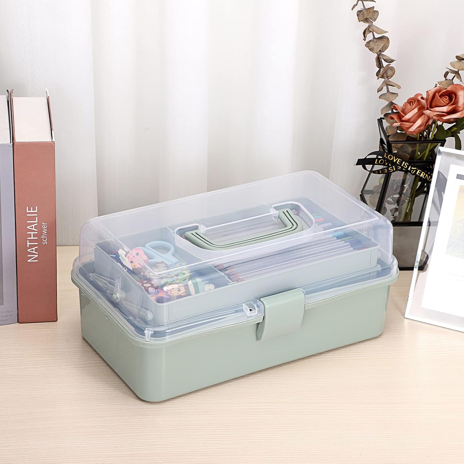 3-Layer Plastic Dividing Storage Box Craft Organizer and Storage with Adjustable Spacers Portable Handled Art Supply Organizer Multipurpose Home Utility Box for Medicine Sewing(Haze Green)