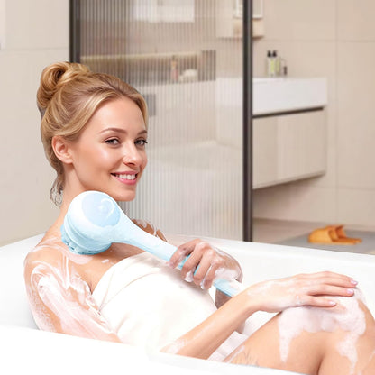 Electric Body Brush Back Scrubber for Shower, Waterproof Long Dual Handle Power Body Scrubber with 3 Heads, Bath Brush & 2 Speeds, for Cleansing, Exfoliating and Massaging Skin, Sky Blue