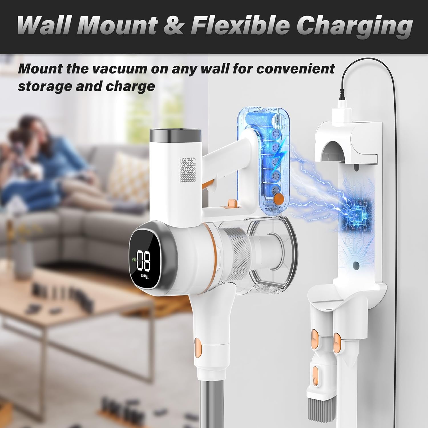 V500 Cordless Vacuum Cleaner for Home, 40000Pa/450W Stick Vacuum with LED Touch Screen, Charging Wall Dock, Anti-Tangle, Lightweight Handheld Vacuum for Pet Hair, Hard Floor, Carpet