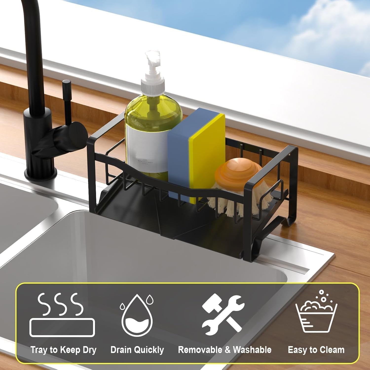 Stainless Steel Kitchen Sink Caddy Organizer with Auto Drain Tray, Sponge Holder for Countertop Storage