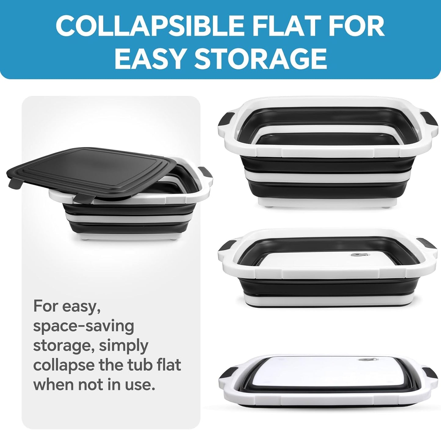 Collapsible BBQ Prep Tub for Meal Prep, Marinating,Food Storage, Picnics, Camping, Barbecues,Cutting Fruits and Vegetables - Includes Cutting Board and Locking Lid,(X-Large) Black
