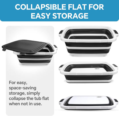 Collapsible BBQ Prep Tub for Meal Prep, Marinating,Food Storage, Picnics, Camping, Barbecues,Cutting Fruits and Vegetables - Includes Cutting Board and Locking Lid,(X-Large) Black