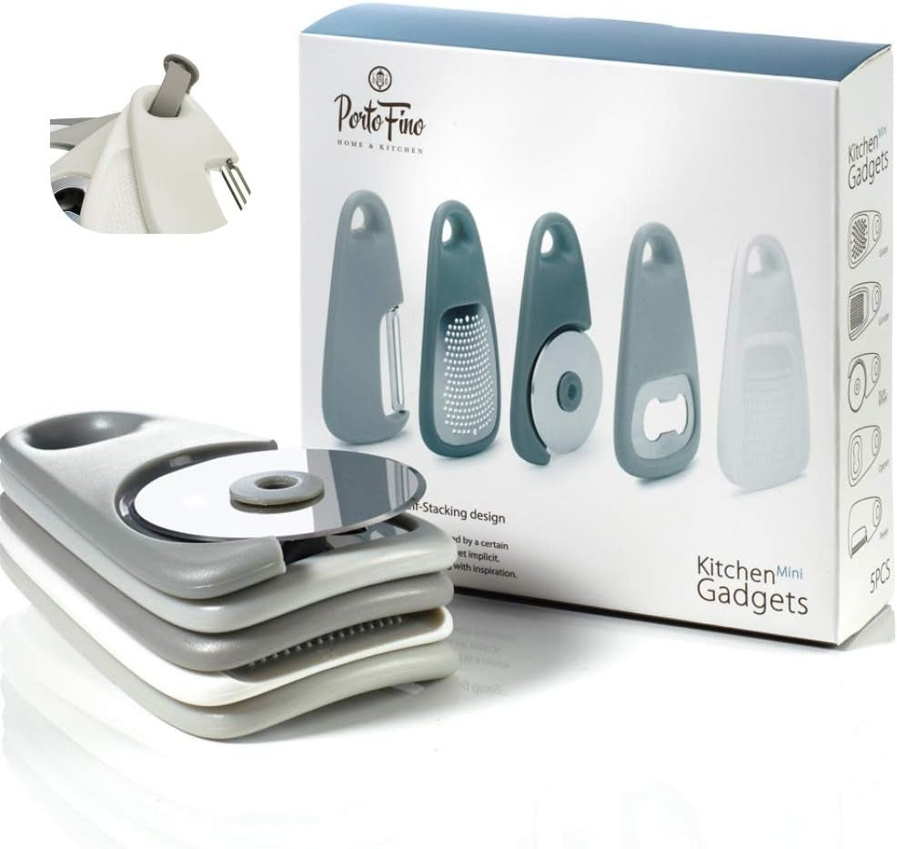 Portofino Kitchen Gadgets Set 5 Pieces, Includes Pizza Cutter, Cheese Grater, Vegetable Peeler, Bottle Opener, Garlic Grinder, RV Kitchen Accessories, Space Saving Design, Dishwasher Safe