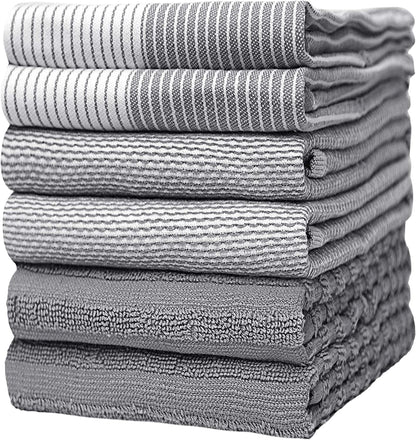 Premium Kitchen Towels (20”X 28”, 6 Pack) | Large Cotton Dish Towels | Flat & Terry Highly Absorbent Kitchen Linen Set with Hanging Loop | Gray
