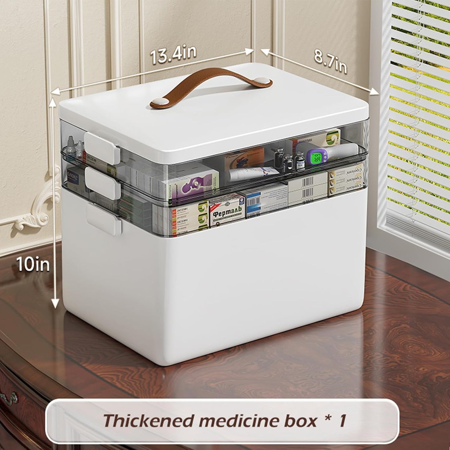3-Tier Medicine Organizer - Portable Medicine Cabinet with Leather Handle, Empty First Aid Kit for Home