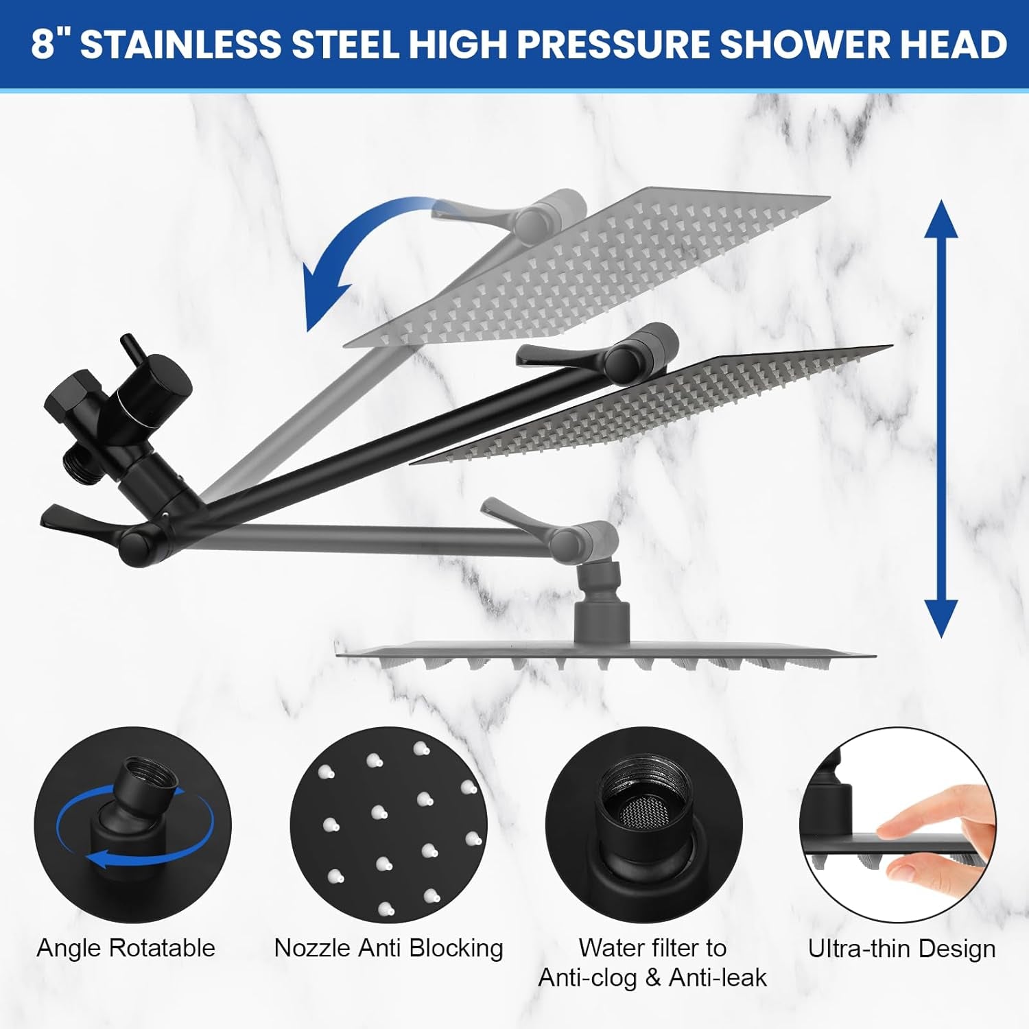 Shower Head, 12‘’ High Pressure Rainfall/Handheld Shower Combo with 11'' Extension Arm, 9 Settings, Anti-Leak Shower Head with Holder, Height/Angle Adjustable, Matte Black