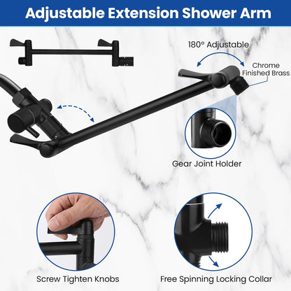 Shower Head, 12‘’ High Pressure Rainfall/Handheld Shower Combo with 11'' Extension Arm, 9 Settings, Anti-Leak Shower Head with Holder, Height/Angle Adjustable, Matte Black