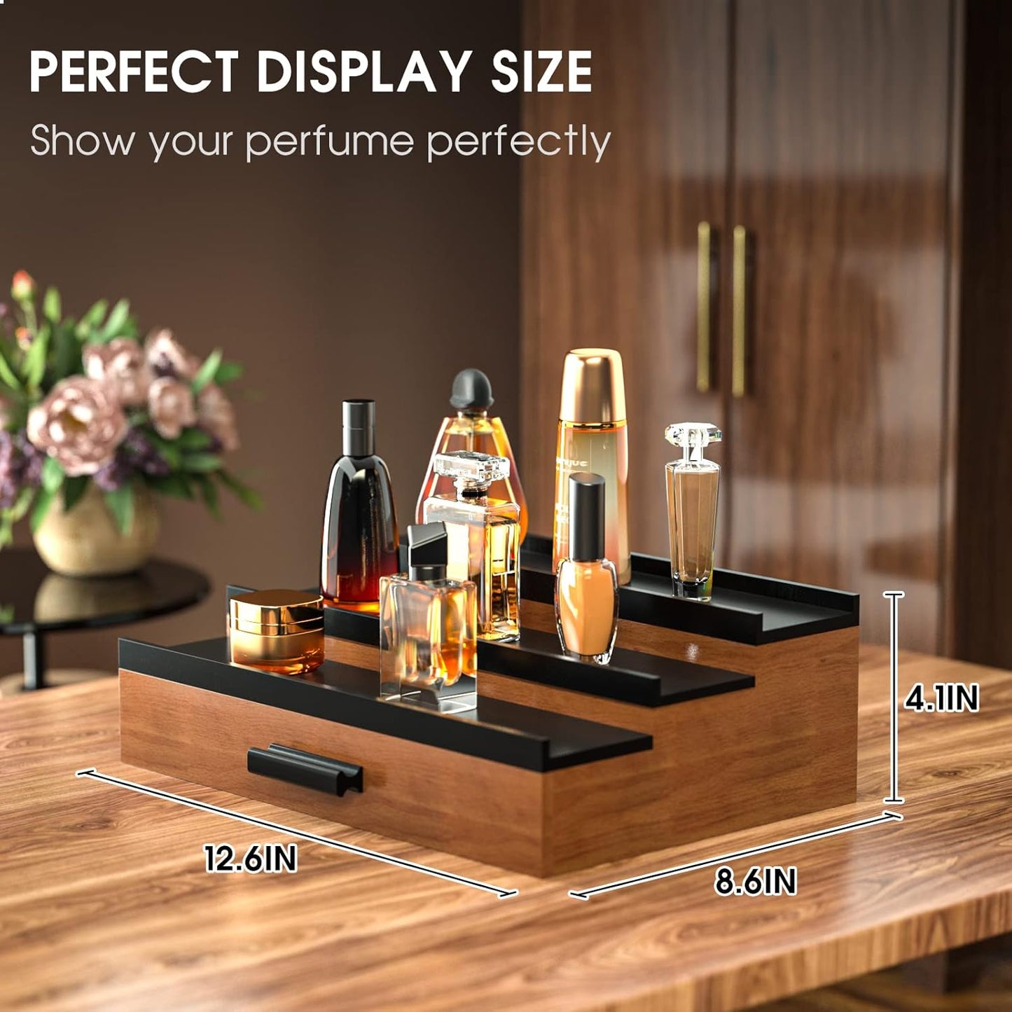 Cologne Organizer for Men 3 Tier of Elevated Cologne Display Shelf with Drawer Storage Perfume Organization and Storage Display Risers,Great Gift for Man(Walnut Black)