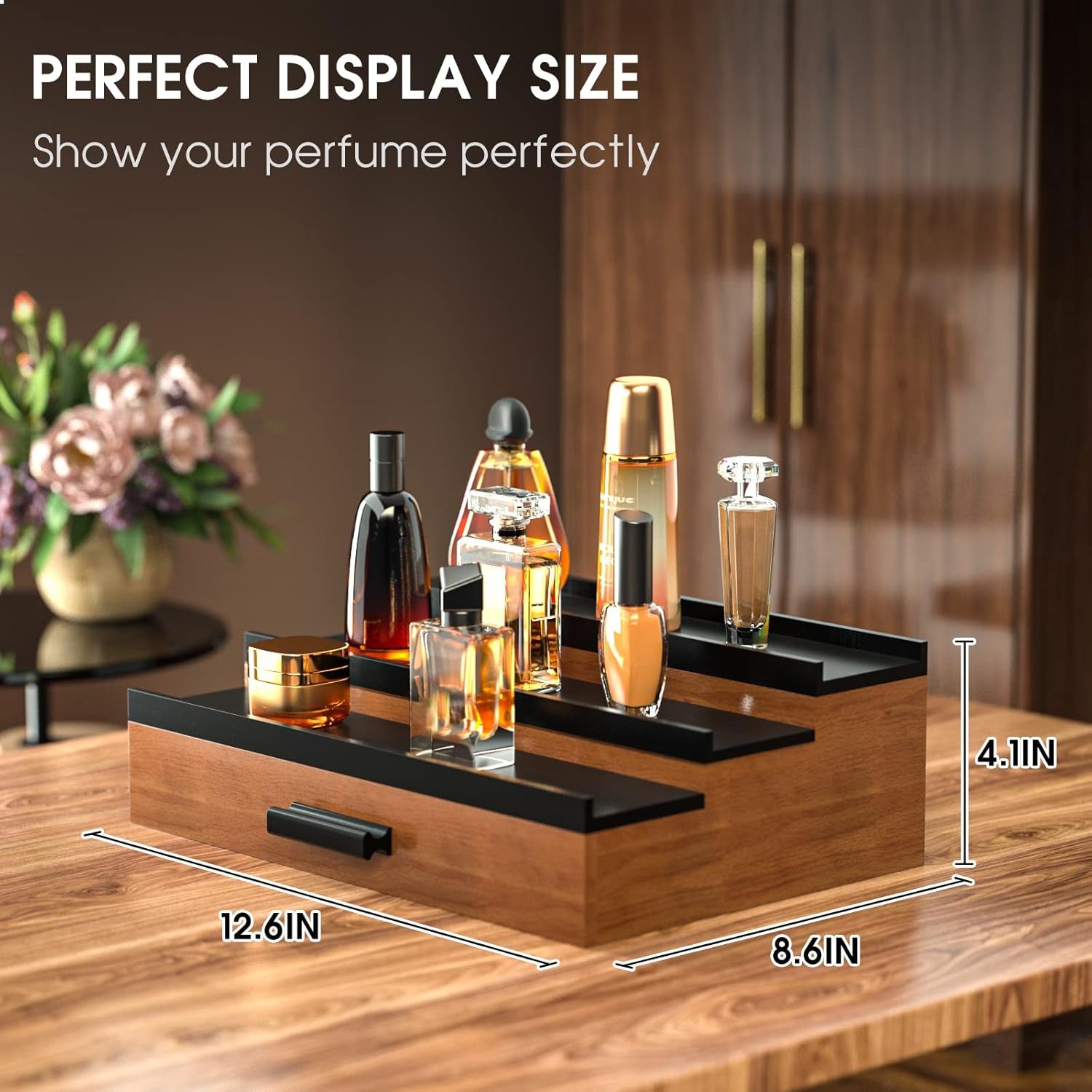 Cologne Organizer for Men 3 Tier of Elevated Cologne Display Shelf with Drawer Storage Perfume Organization and Storage Display Risers,Great Gift for Man(Walnut Black)