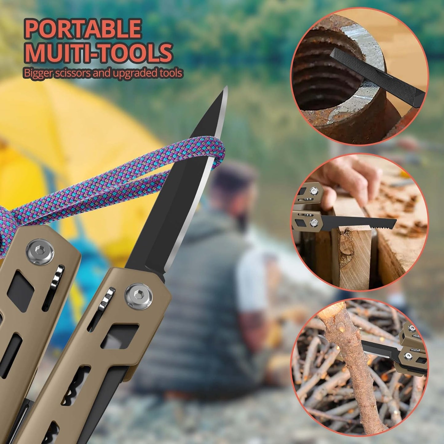 Multitool 17-In-1 Stainless Steel Multi Tool with Pocket Knife Needle Nose Pliers Bottle Opener Screwdriver Self-Locking Professional Multi-Tool for Outdoor Survival Gifts for Men(Brown)