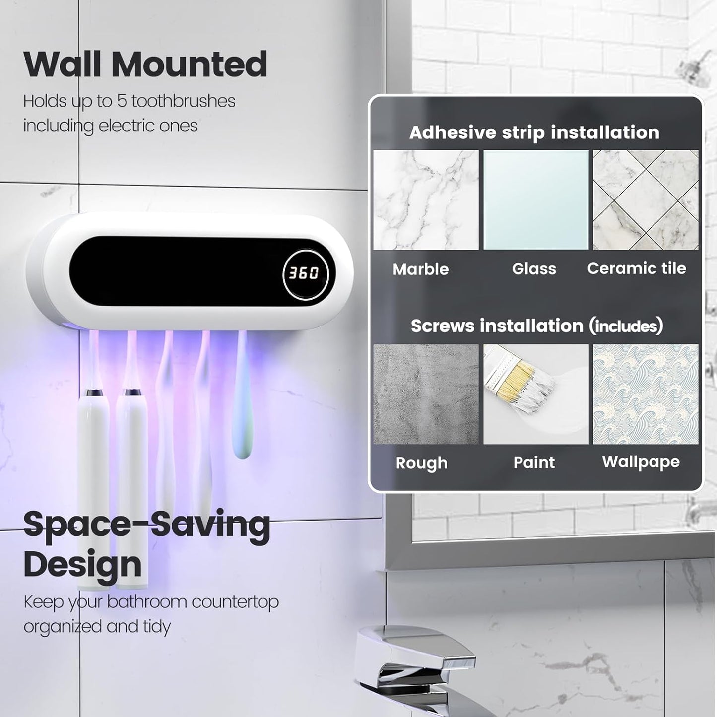 Toothbrush Holder, 5 Toothbrush Slots & Timer Function, Cordless Wall Mounted Toothbrush Holders for Bathrooms