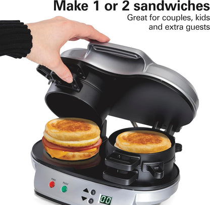 Dual Breakfast Sandwich Maker with Timer, Ready in 5 Minutes, Removable Dishwasher Safe Pfas-Free Non-Stick Egg Cooker Ring, Silver (25490MNA)