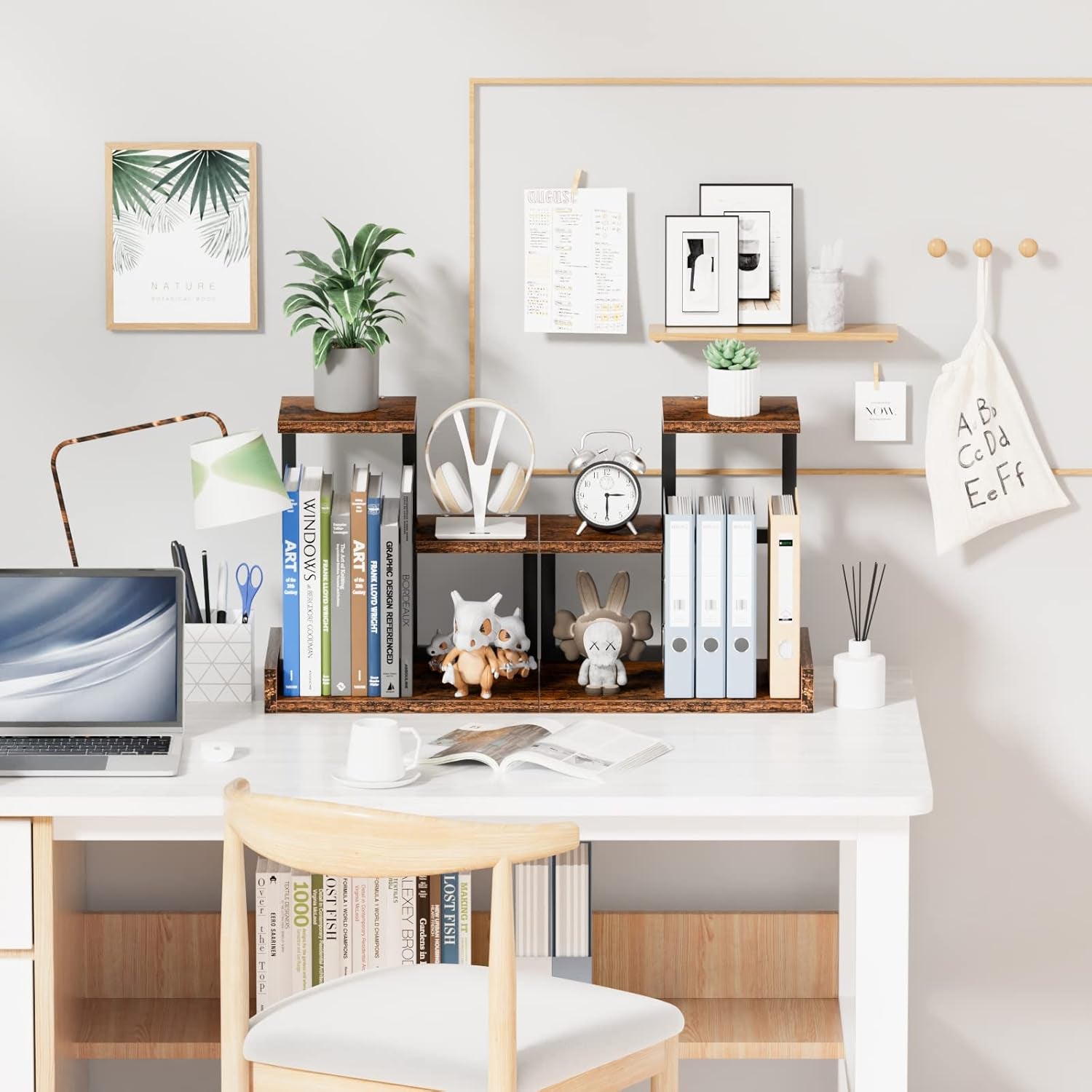 Office Decor Desk Shelf Organizer - Wood Desktop Shelf, Freestanding Desk Hutch, 3 Tier Storage Display Rack, Small Bookshelf with Metal Frame for Books/Plants/Toys (Rustic Brown Black)