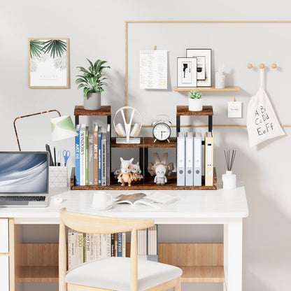 Office Decor Desk Shelf Organizer - Wood Desktop Shelf, Freestanding Desk Hutch, 3 Tier Storage Display Rack, Small Bookshelf with Metal Frame for Books/Plants/Toys (Rustic Brown Black)