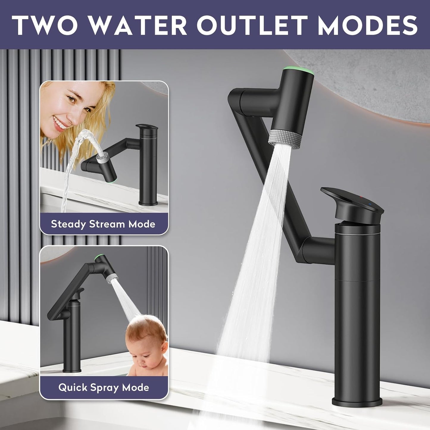 1080° Rotatable Single Hole Bathroom Vanity Faucet with Temperature Display, Height Adjustable Single Lever Bathroom Sink Faucet 1 Hole, LED Basin Faucet with Color Change (Black)