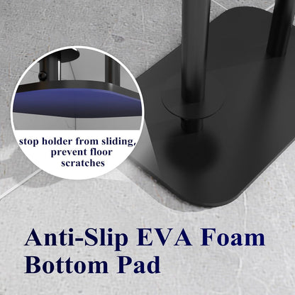 Toilet Paper Holder Free Standing – Rustproof Metal Toilet Paper Stand for 4 Rolls with Anti-Slip Base and Shelf for Phone & Small Items, Bathroom Organizers and Storage, Medium, Black