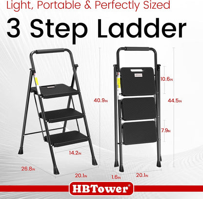 Step Ladder, Folding Step Stool with Wide Anti-Slip Pedal, Sturdy Steel Ladder, Convenient Handrail, Lightweight, Portable Steel Step Stool
