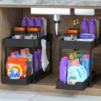 under Sink Organizer 2 Pack, Bathroom Cabinet Organizer, 2 Tier Sliding Cabinet Basket Organizer Drawer, Multi-Purpose Bath Collection Baskets for Bathroom (Black)