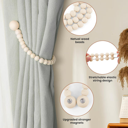 Magnetic Curtain Tiebacks, Curtain Holdbacks for Curtains 2 Pack, Wood Bead Curtain Holders for Boho Bedroom Decor, Baby Nursery Decor, Farmhouse Decor