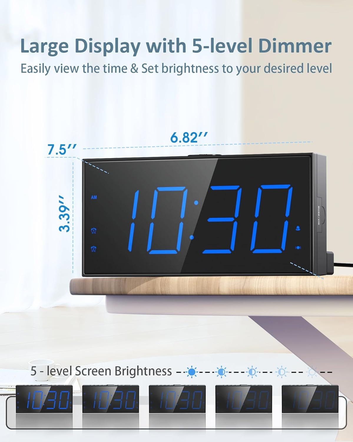 Loud Alarm Clock with Bed Shaker, Vibrating Alarm Clock for Heavy Sleepers/Hard of Hearing/Deaf,Dual Alarms, 7.5’’ Large LED Display, Dimmer, USB Charging Port, Plug-In with Memory Function
