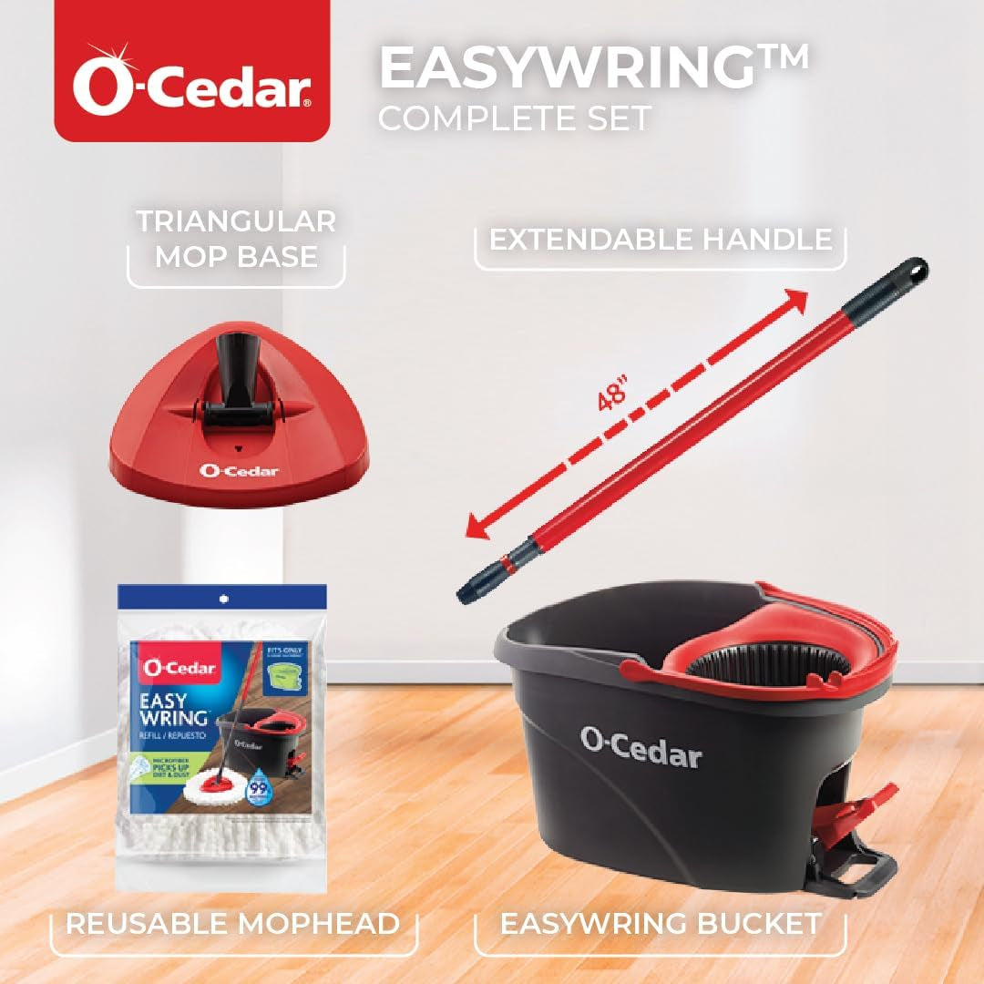 O-Cedar Easywring Microfiber Spin Mop, Bucket Floor Cleaning System, Red, Gray, Standard
