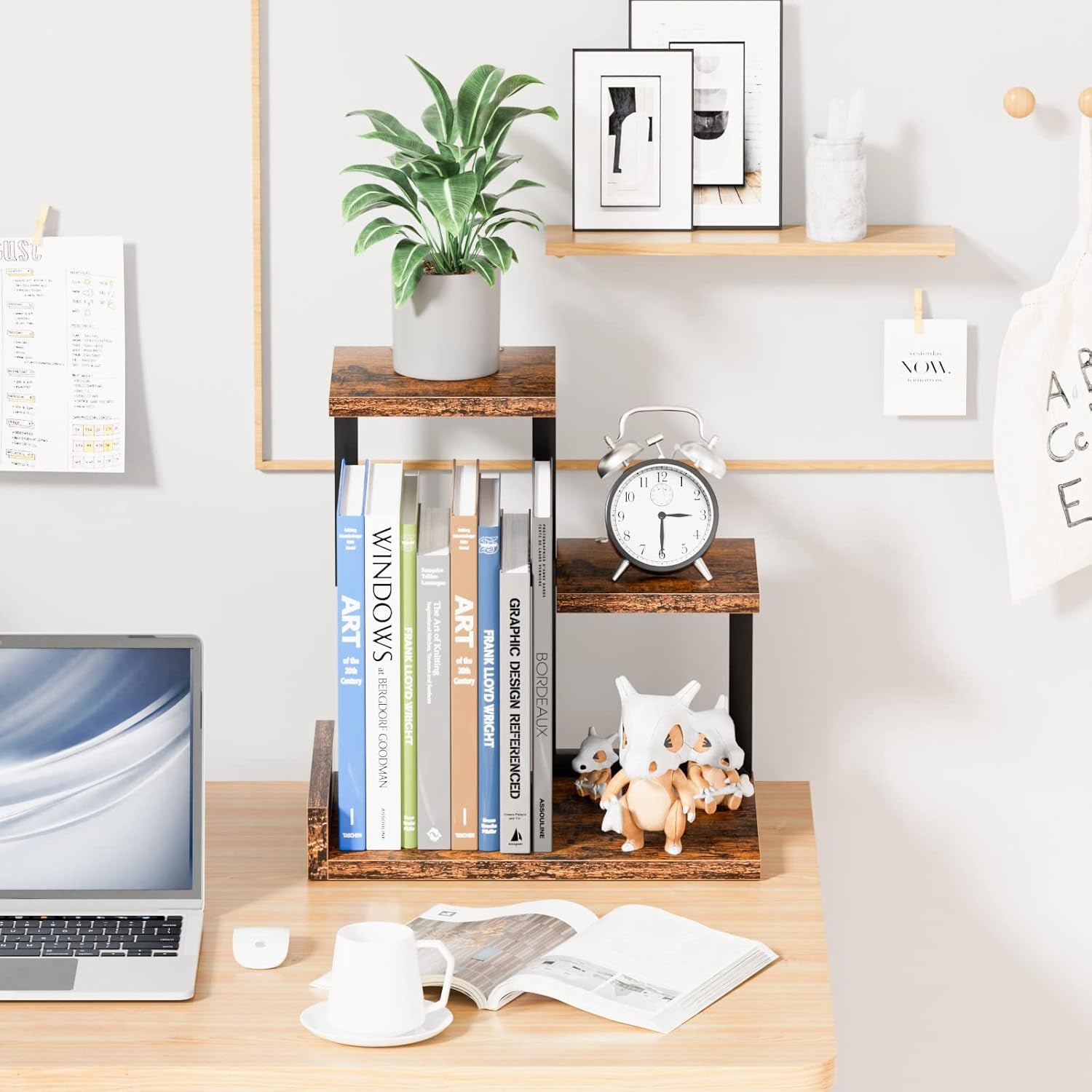 Office Decor Desk Shelf Organizer - Wood Desktop Shelf, Freestanding Desk Hutch, 3 Tier Storage Display Rack, Small Bookshelf with Metal Frame for Books/Plants/Toys (Rustic Brown Black)