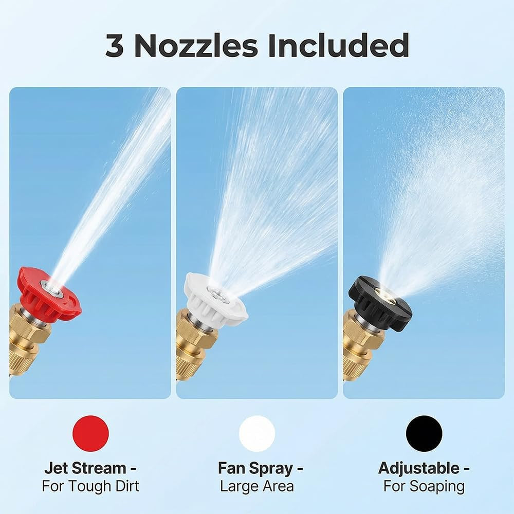 High Pressure Hose Nozzle for Garden: Metal Power Washer Wand Jet Nozzle with 3 Spray Tips - Heavy Duty Brass Connector, Hose Pressure Cleaner for Car, Patio, Driveway, Deck Cleaning (Black)
