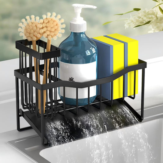 Sink Caddy Sponge Holder for Kitchen with Brush Holder and Stainless Steel Self Drain Tray, Rustproof Kitchen Sink Organizer for Sponge, Soap Dispenser Storage Accessories