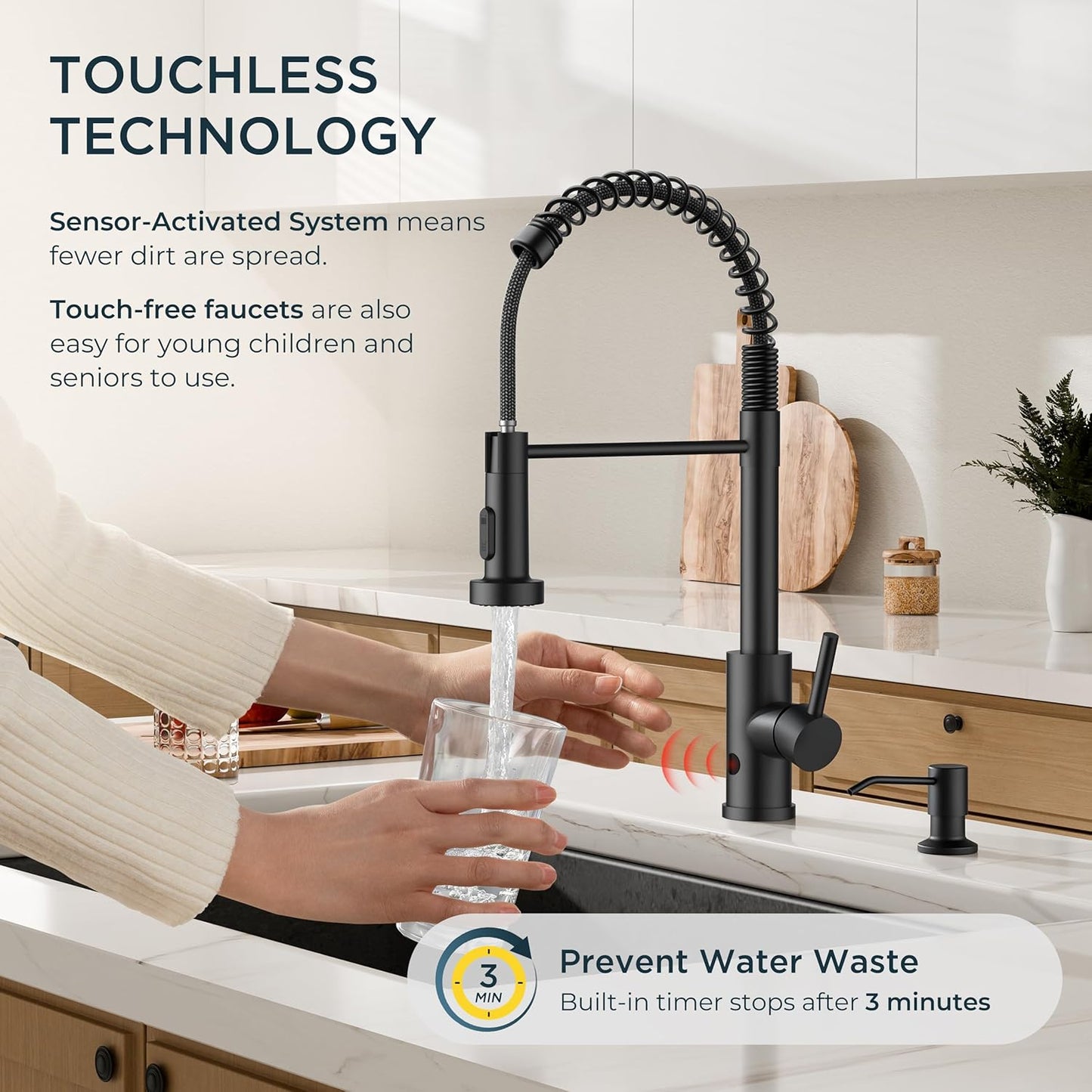 Black Touchless Kitchen Faucet with Soap Dispenser, Motion Sensor Activated Smart Sink Faucet with Pull down Sprayer Single Handle Hands Free Contemporary for Bar & Prep Sinks, Camper RV