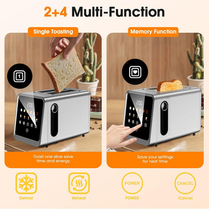 Toaster 2 Slice with Touchscreen, 1.5" Wide Slots & Memory Recall | 900W Stainless Steel Smart Digital Toasters | 6 Shade Settings for Bagels & Thick Bread | Defrost Reheat Single-Slice Mode