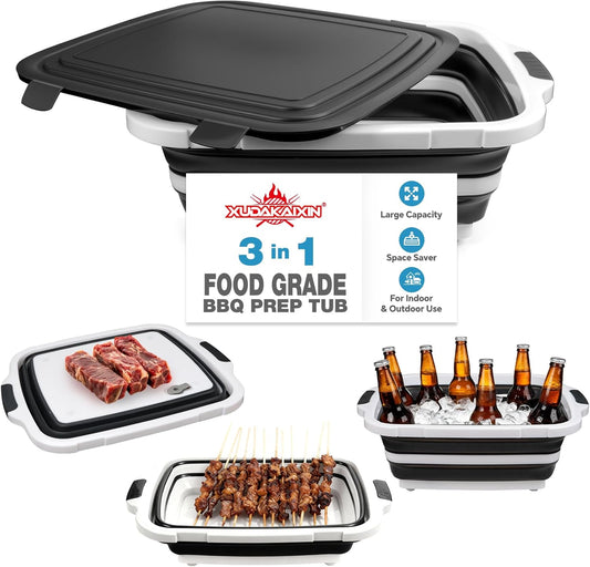 Collapsible BBQ Prep Tub for Meal Prep, Marinating,Food Storage, Picnics, Camping, Barbecues,Cutting Fruits and Vegetables - Includes Cutting Board and Locking Lid,(X-Large) Black
