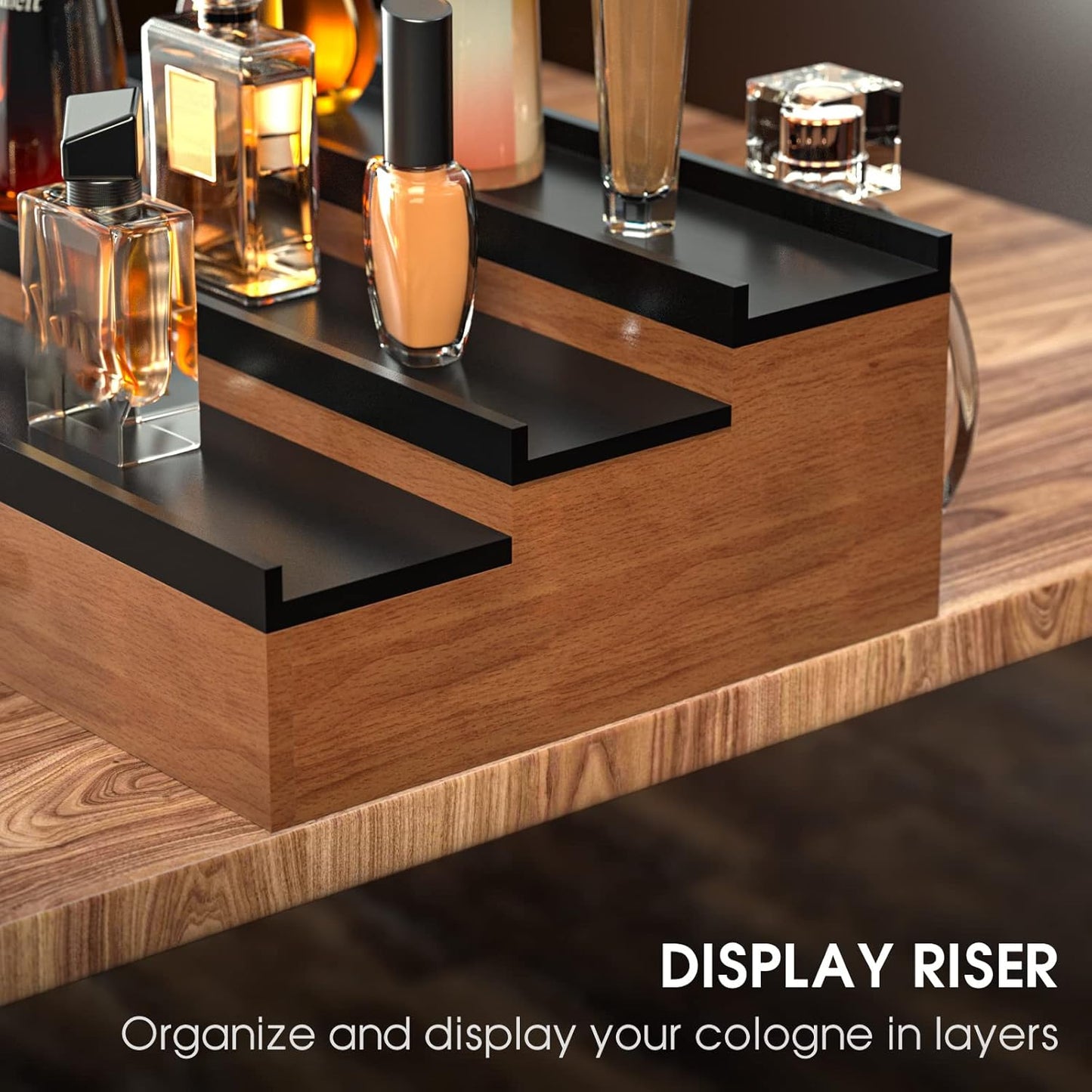 Cologne Organizer for Men 3 Tier of Elevated Cologne Display Shelf with Drawer Storage Perfume Organization and Storage Display Risers,Great Gift for Man(Walnut Black)
