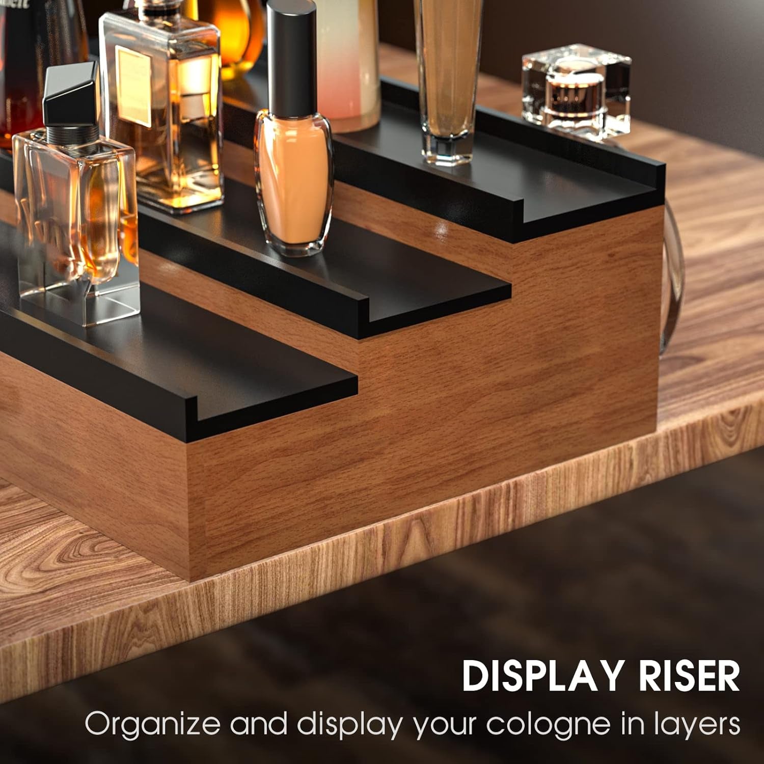 Cologne Organizer for Men 3 Tier of Elevated Cologne Display Shelf with Drawer Storage Perfume Organization and Storage Display Risers,Great Gift for Man(Walnut Black)
