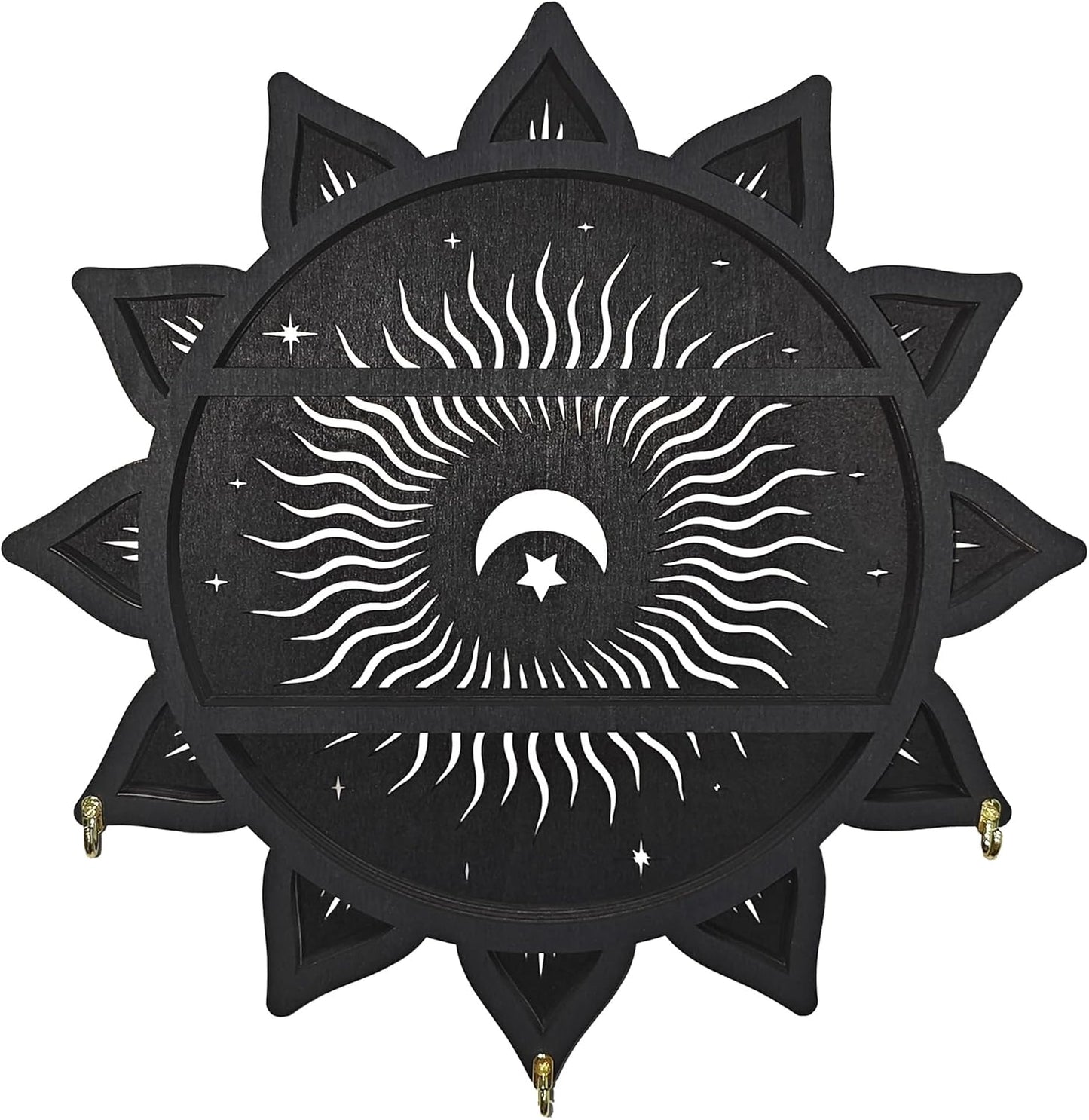 Chakra Lotus Flower Crystal Display Shelf with LED Light, Witchy Home Decor Boho Decorative Wall Mounted Trinket Shelf Wooden Sun Moon Shelf Rock Case Stone Storage Floating Hanging Holder