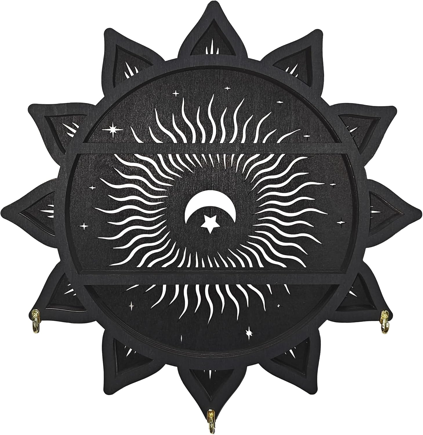 Chakra Lotus Flower Crystal Display Shelf with LED Light, Witchy Home Decor Boho Decorative Wall Mounted Trinket Shelf Wooden Sun Moon Shelf Rock Case Stone Storage Floating Hanging Holder