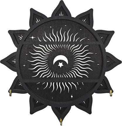Chakra Lotus Flower Crystal Display Shelf with LED Light, Witchy Home Decor Boho Decorative Wall Mounted Trinket Shelf Wooden Sun Moon Shelf Rock Case Stone Storage Floating Hanging Holder
