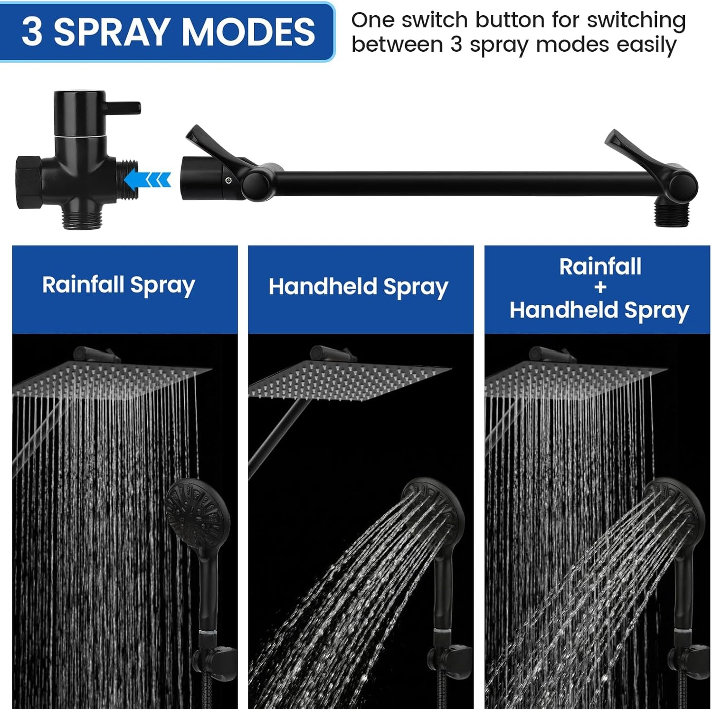 Shower Head, 12‘’ High Pressure Rainfall/Handheld Shower Combo with 11'' Extension Arm, 9 Settings, Anti-Leak Shower Head with Holder, Height/Angle Adjustable, Matte Black