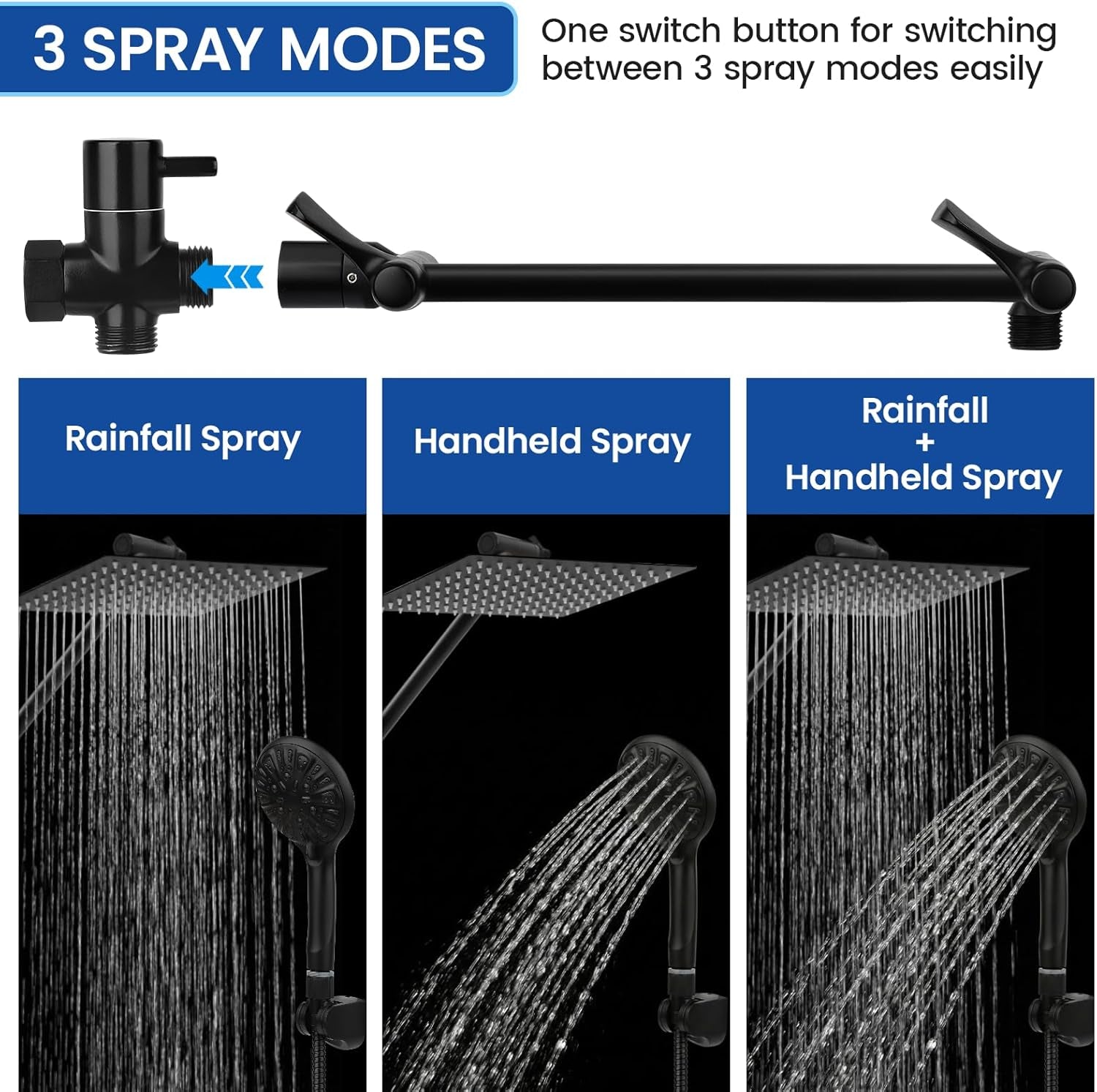 Shower Head, 12‘’ High Pressure Rainfall/Handheld Shower Combo with 11'' Extension Arm, 9 Settings, Anti-Leak Shower Head with Holder, Height/Angle Adjustable, Matte Black